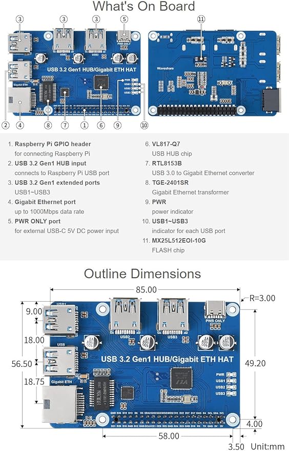 Waveshare USB 3.2 Gen1 and Gigabit Ethernet HUB HAT Compatible with Raspberry Pi Zero/Zero W/4B/3B/3B+ 3X USB 3.2 Gen1 1x Gigabit Ethernet No Driver Required