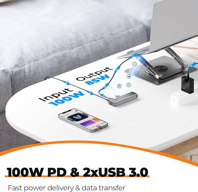 Tobenone Laptop Docking Station Stand for MacBook Pro/Air/Dell/HP/Surface/Lenovo Mac Docking Station with 4K HDMI USB 3.0 RJ45 PD 3.0 USB C Laptop Stand Hub for Desk with 360 Rotating Base Grey