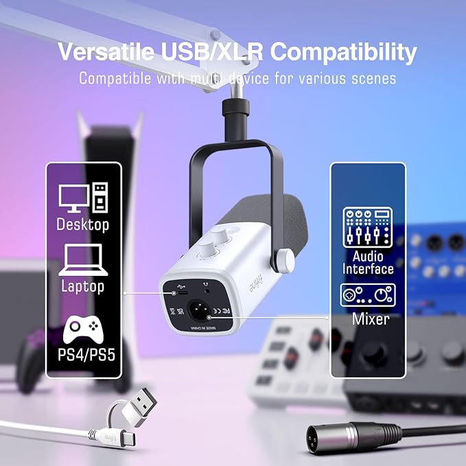 FIFINE Gaming XLR/USB Microphone Kit Streaming Dynamic Mic Set for PC Computer Mic for Vocal Podcast Recording Voiceover with Headphones Jack Gain Knob Arm Stand-AmpliGame AM8T White