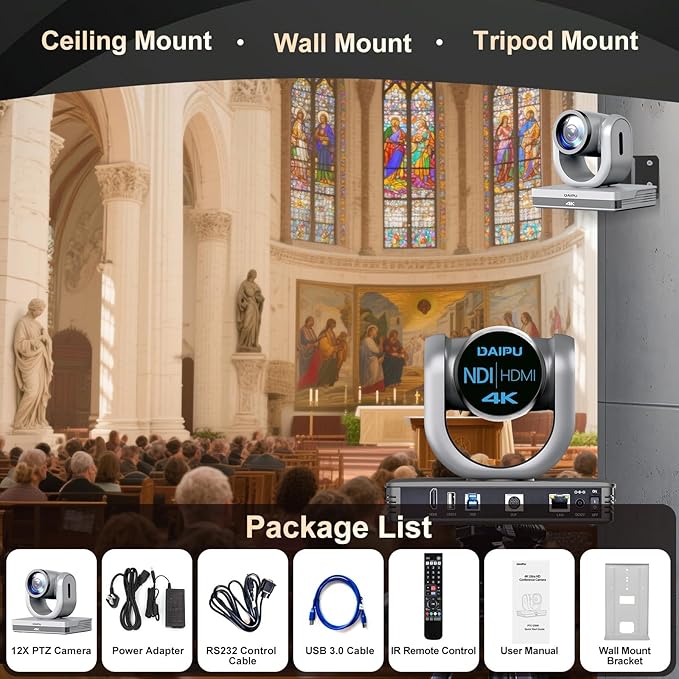 NDI PTZ Camera 4K HDMI USB LAN PoE AI Auto Tracking + PTZ Camera Controller for Church Live Streaming Video Conference Events Broadcast