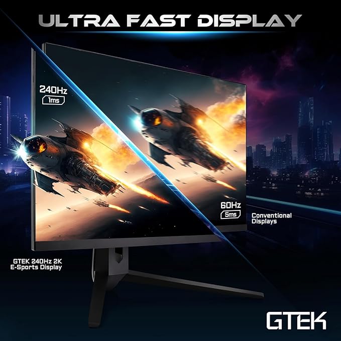 GTek 27 inch 240Hz 2K Gaming Monitor QHD 2560 x 1440P Computer Monitor Extreme Low Motion Blur Fast IPS 1ms MPRT DisplayPort/HDMI VESA Height Adjustable- Q2740P