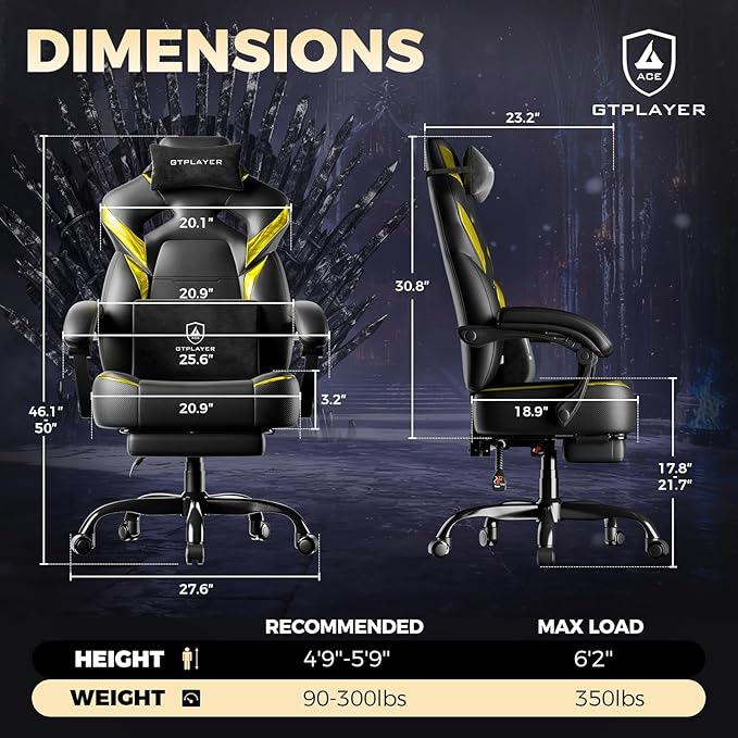 GTPLAYER Big and Tall Gaming Chair for Adults Ergonomic Office Chair with Footrest Heavy Duty 350 lbs Capacity High Back Premium Leather &amp Iridescent Trim ACE-Armor Yellow (Iridescent)