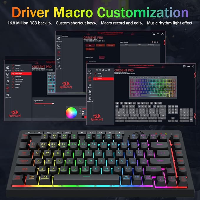Redragon Portable Wireless Gaming Keyboard Bluetooth/2.4GHz/USB-C Wired RGB Backlit 75% Mini Quiet Macro Membrane Keyboard Rechargeable 4000mAh Battery Anti-Ghosting for Win/MAC