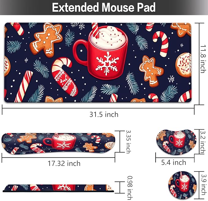 Large Mouse pad and Keyboard Support Set Ergonomic Memory Foam Keyboard Wrist Rest Extended Gaming Mouse Pad with Stitched Edges Christmas Theme XXL Desk Mat (31.5 X 11.8 in)