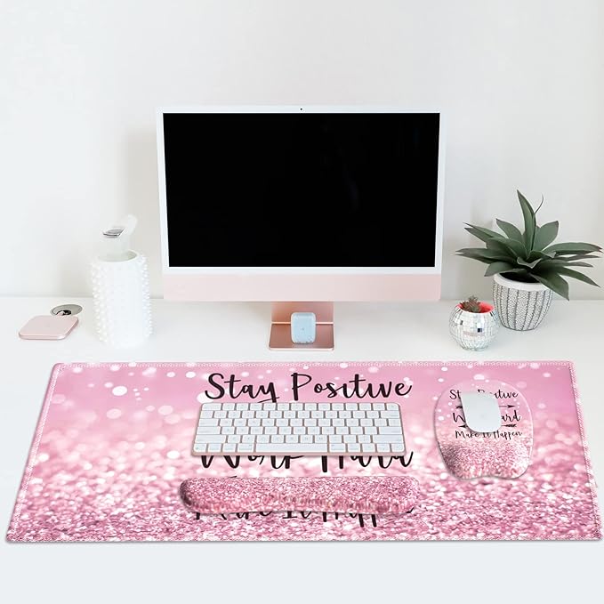 Pink Mouse Pad with Wrist Rest Ergonomic Desk Mat with Stitched Edges Non Slip Wrist Support (Stay Positive)