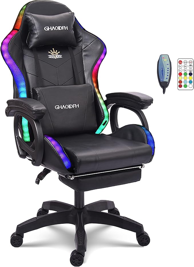 Video Gaming Chair with Speaker and RBG LightErgonomic Gaming Chair with Footrest and Massage Function90°-135° Comfortable Computer Reclining ChairAdults Teens Computer Chair.Black