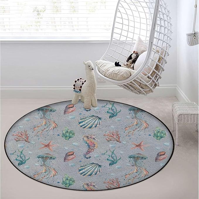 Multicolor Round Area Rug - Non-Slip Rugs Floor Mat Washable Soft Floor Carpet for Living Room Absorbent Round Yoga Mat Beach Seaside Summer Vacation Oceanic Diameter 51 in