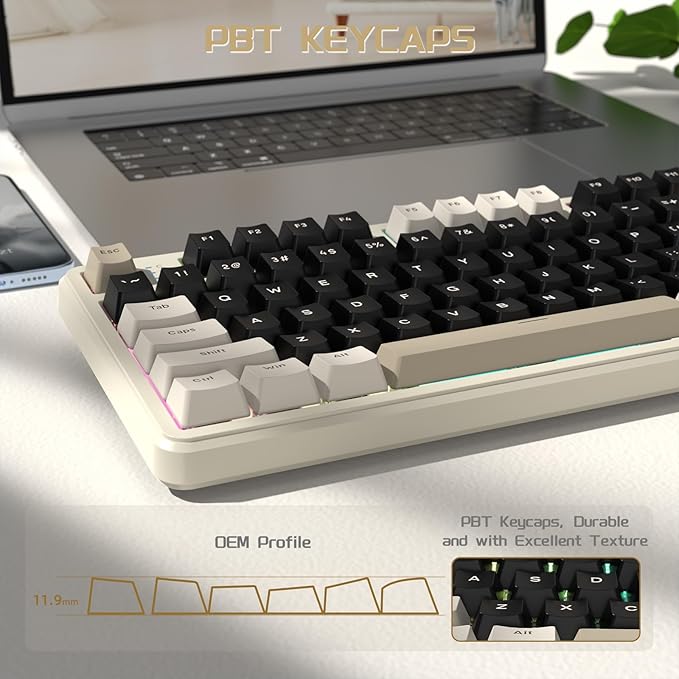 ATTACK SHARK X87 Wireless Mechanical Keyboard87 Keys Compact TKL Gasket Gaming KeyboardHot Swappable Custom Keyboard with Five-Layer PaddingFull RGB2.4G/USB-C/BTPre-lubed Switches (Retro White)