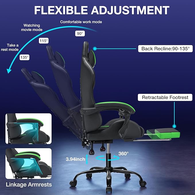 Gaming Chair Massage with LED RGB Lights and Footrest Ergonomic Computer Chair High Back Video Game Chair with Adjustable Lumbar Support Linkage Armrest Green and Black