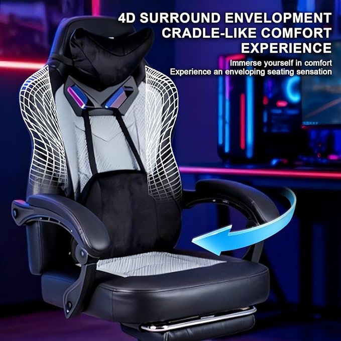 Gaming Chair PRO Ergonomic Gaming Chairs for Adults Heavy People Massage Reclining Office Desk Computer Chair with Footrest and Lumbar Support Big Tall Mesh Gamer Chair with Cushion (Grey)
