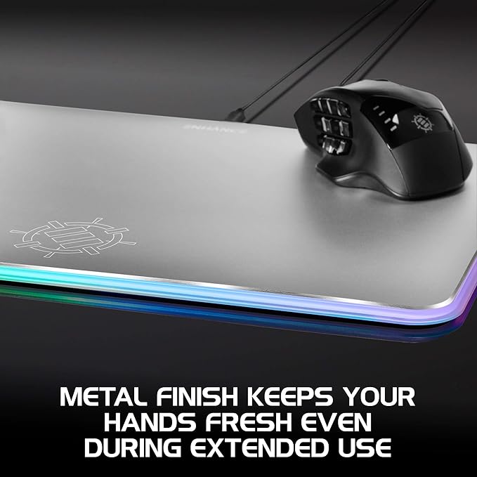 ENHANCE Metal LED Gaming Mouse Pad - Metal Mouse Pad with Large Aluminum Alloy Surface Multi-Color Transparent Edges Non-Slip Rubber Grip &amp Sleek Precision Tracking for Esports - Silver