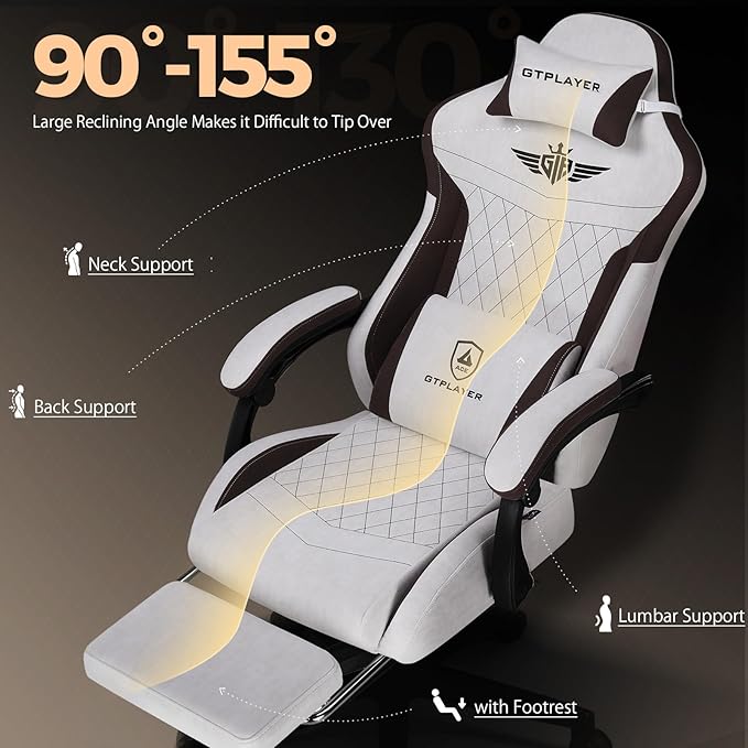 GTPLAYER Gaming Chair with Footrest Big and Tall Game Chair High Back Computer Office Chair with Lumbar Support for Adults Ergonomic Swivel Games Chair with Cushion Gaming Fabric Brown