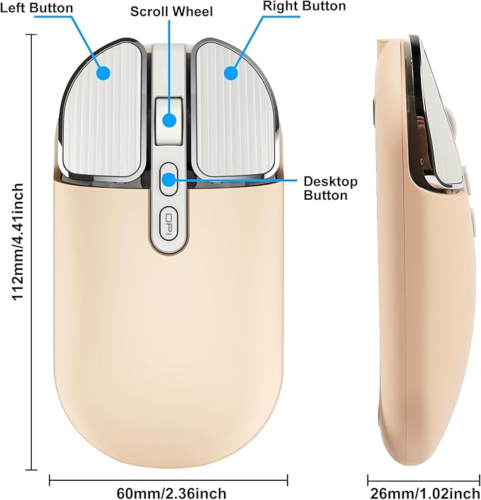 Wireless Mouse Bluetooth Cute Ultra Slim Silent Computer Mice with USB Receiver Dual-Mode 2.4G &amp Bluetooth Rechargeable Portable USB Cordless Mouse for Laptop PC Tablet Kids Adults Gift Milk Tea