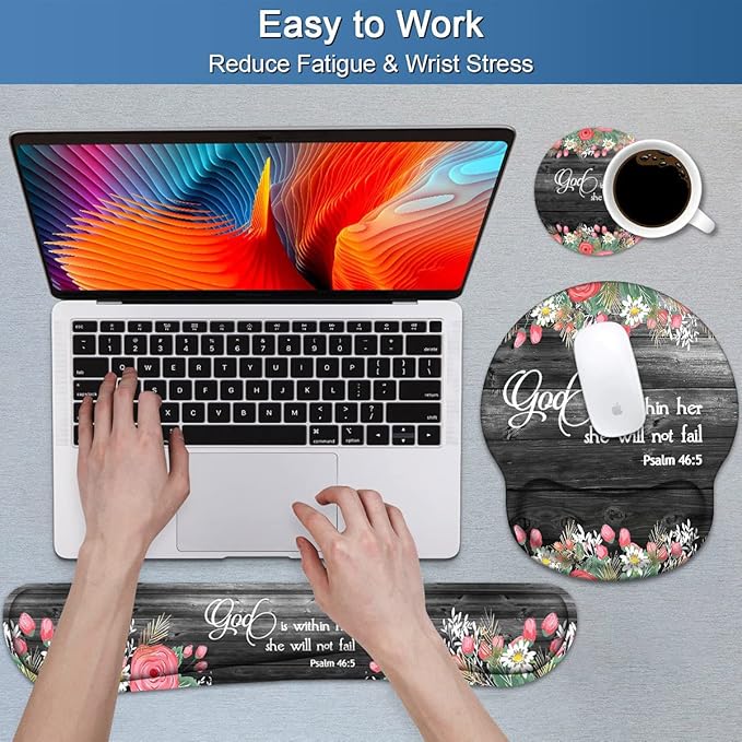 Keyboard Wrist Rest and Mouse Pad Wrist Support Set with Coasters Ergonomic Gaming Mousepad for Home Office Working Studying Easy Typing &amp Pain Relief Floral Quote Bible Verse Psalm 46:5