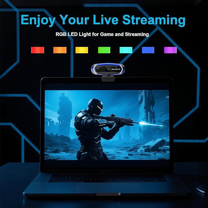 4K Webcam for PC 4K Webcam with Remote Control and RGB Light Autofocus Streaming Camera for PC/Mac Plug and Play Computer Camera for Zoom/Skype/YouTube/Meeting