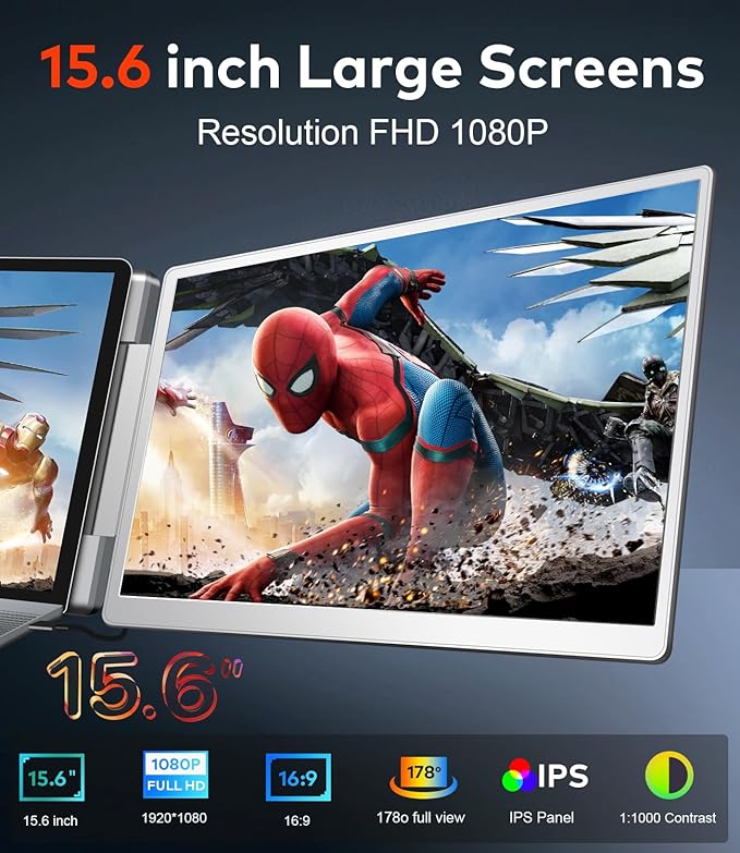 15.6 Laptop Screen Extender Left Screen 360° Flip Triple Screen Monitor Extender FHD 1080P IPS Portable Travel Monitor Display fit for 12–18.5 Laptops Compatible with Windows and MacBook-S10