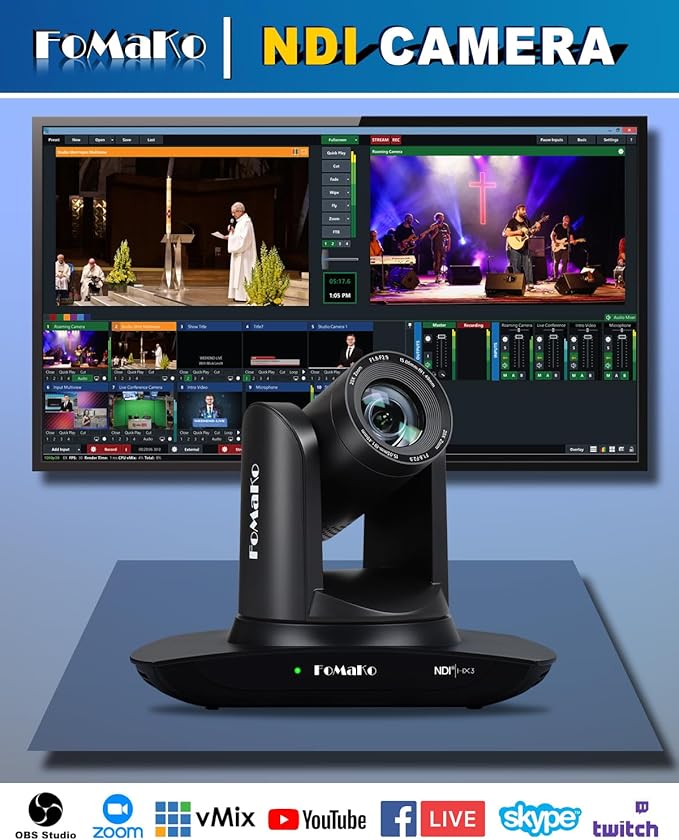 FoMaKo NDI PTZ Camera AI Auto-Tracking Gen 3 20x Optical Zoom LAN USB3.0 HDMI PTZ Camera for Church Services Worship Education (NDI 6 &amp NDI HX3) FMK20UH NDI-B (Black Color)