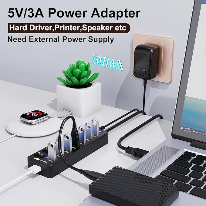 Powered USB Hub 3.0VEMONT 7 Ports Multi USB hubs and 1 USB Smart Charging Port with 5V/3A Power SupplyUSB Extension Splitter with Individual On/Off Switches and 4ft/1.2m Long Cable for PC/Laptop