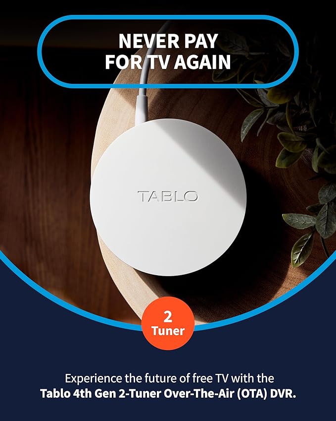 Tablo TV 4th Gen 2-Tuner Over-The-Air (OTA) DVR - Watch Pause &amp Record Live Television News Sports &amp Movies Throughout Your Home Over Wi-Fi - Pairs w/Any TV Antenna - No Subscriptions