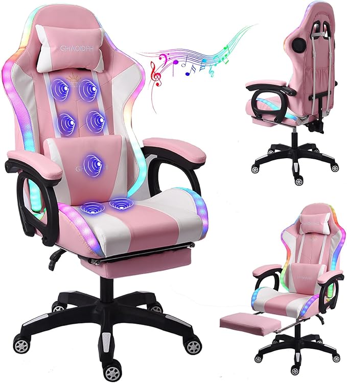 Gaming Chair with Massage and Footrest Ergonomic Computer Chair Video Gaming Chair with Speakers and LED Lighting High Back Racing Chair with Headrest and Lumbar Pillow.Pink
