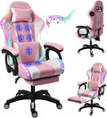 Gaming Chair with Massage and Footrest Ergonomic Computer Chair Video Gaming Chair with Speakers and LED Lighting High Back Racing Chair with Headrest and Lumbar Pillow.Pink