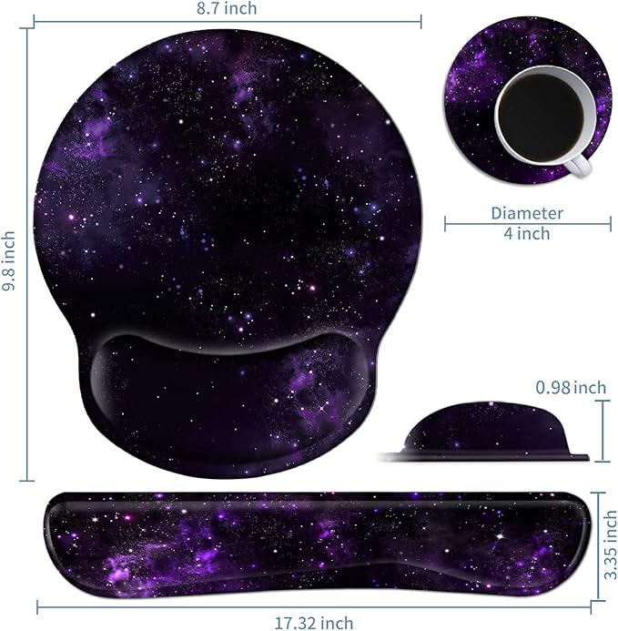 Keyboard Wrist Rest and Mouse Wrist Rest Pad Set Made of Memory Foam with Non Slip Rubber Base Ergonomic Gel Wrist Rest for Computer Keyboard Gaming Office Working with Purple Galaxy Coaster