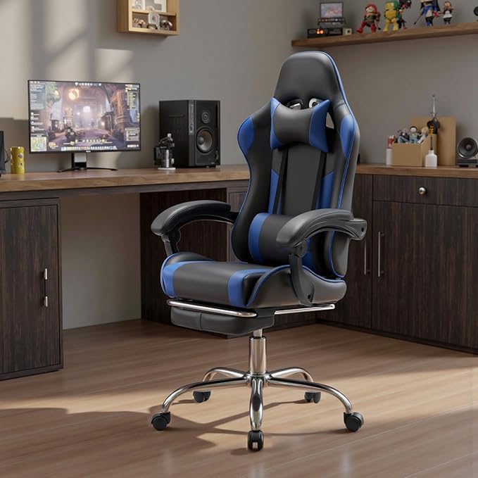 edx Ergonomic Gaming Chair PU Leather Office Computer Chair with Footrest Headrest Linkage Armrests Height Adjustable 360° Swivel Reclining (Blue)