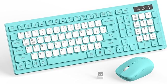 Wireless Keyboard and Mouse Combo Full-Sized Quiet Wireless Keyboard and Adjustable DPI Mouse 2.4GHz USB Receiver Keyboard and Mouse for PC Windows Desktop Laptop (Tiffany Blue and White-B)