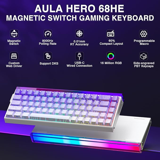 AULA Hero 68 HE 60% Gaming Keyboard Wired Hall Effect Magnetic Switch Keyboard with Adjustable Actuation Fast Trigger Mode 8K Hz Polling Rate 0.125ms LatencySide Printed PBT Keycaps RGB Backlit