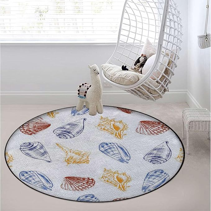 Multicolor Washable Round Area Rug -Non-Slip Distressed Circle Rug Non-Shedding Entryway Carpet for Bedroom Laundry Kitchen Decor Beach Seaside Summer Vacation Oceanic Diameter 59 in