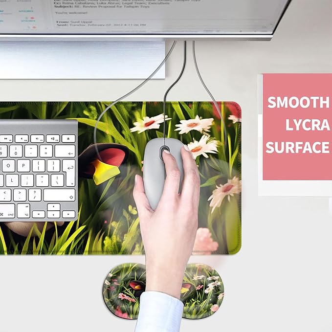 Mouse PadLarge Desk Mat Set 4in1 XL Mousepad + Keyboard Wrist Rest+Mouse Wrist Rest+Coaster with Ergonomic Desk Pad for Home Office Table Computer Cover -Cute Calf in Flower Field