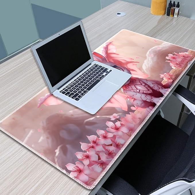 Gaming Mouse Pad Set Large Gaming Mouse Pad+Keyboard Wrist Rest+Mouse Wrist Rest+Coaster Easy Typing Pain Relief 31.5 × 11.8 inch Desk Mat for Home Office - Sakura Dragon
