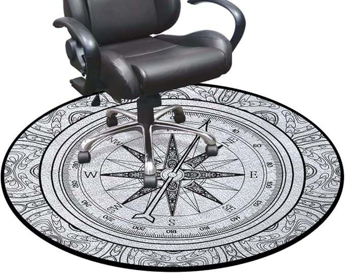 Black White Office Chair Computer Gaming Desk Mat for Rolling Chair Non-Slip Gaming Rug Hand Drawn Windrose in Line Nautical Coloring Gaming Chair Mat Round Floor Mats Compass Diameter 48 in