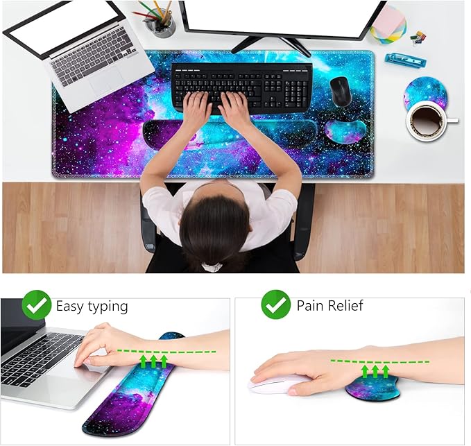 AIMSA Large Gaming Mouse Pad Set Keyboard Wrist Rest Support Mouse Pad Ergonomic Memory Foam Multifunctional Extended Desk Mat 35x15.7in Anti-Slip Rubber Base Galaxy Nebula Universe