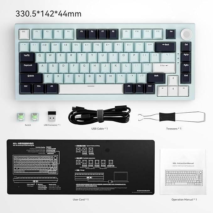 Gurjot Wireless Mechanical Keyboard75% Hot Swappable Keyboard with Knob8000mAH Battery RGB BacklitSide Printed PBT Keycaps2.4GHz/USB-C/BT5.0 Mechanical Gaming KeyboardsIceland Blue