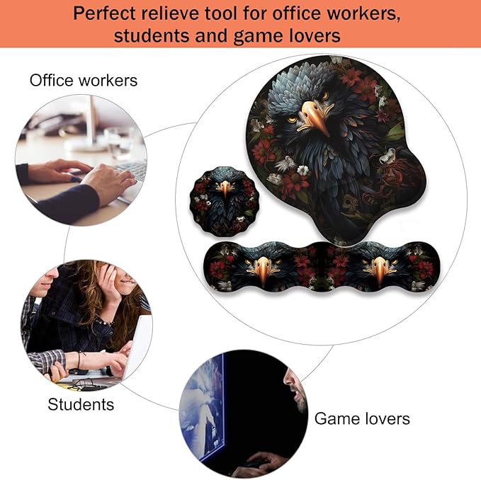 Ergonomic Keyboard Wrist Support Pad and Wrist Support Mouse Pad Anti-Slip with Gel Memory Mouse Pad Set Suitable for Office Use/Home Use - Dark Skull Flower Eagle