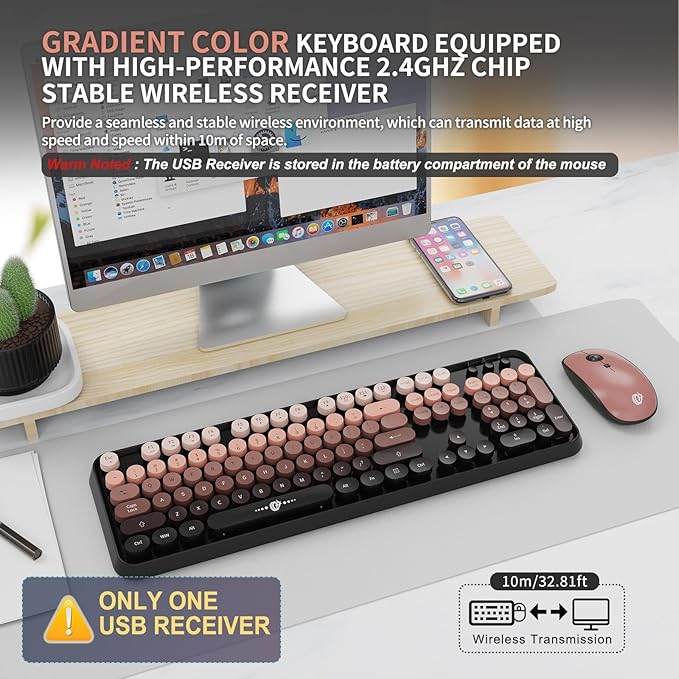 FOPETT Wireless Keyboard and Mouse Combo 104 Keys Full-Sized 2.4 GHz Round Keycap Colorful Keyboards USB Receiver Plug and Play for Windows Mac PC Laptop Desktop (GradientPink)
