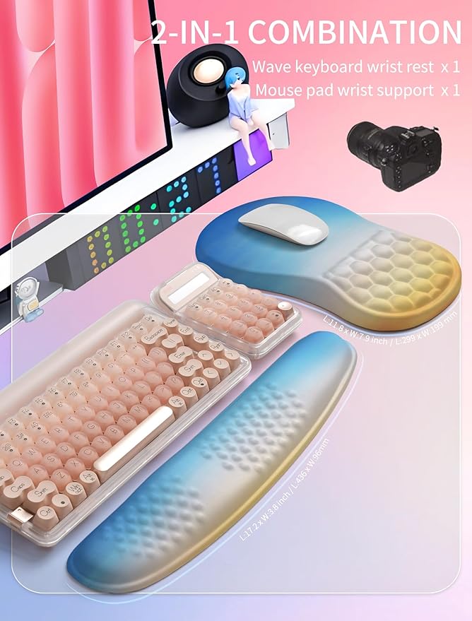 Hokafenle 2in1 Combination Wave Keyboard Wrist Rest and Ergonomic Curvature Mouse Pad Wrist Support for Relieve Wrist Pain Filled with Soft Cushion Memory Foam Sunrise