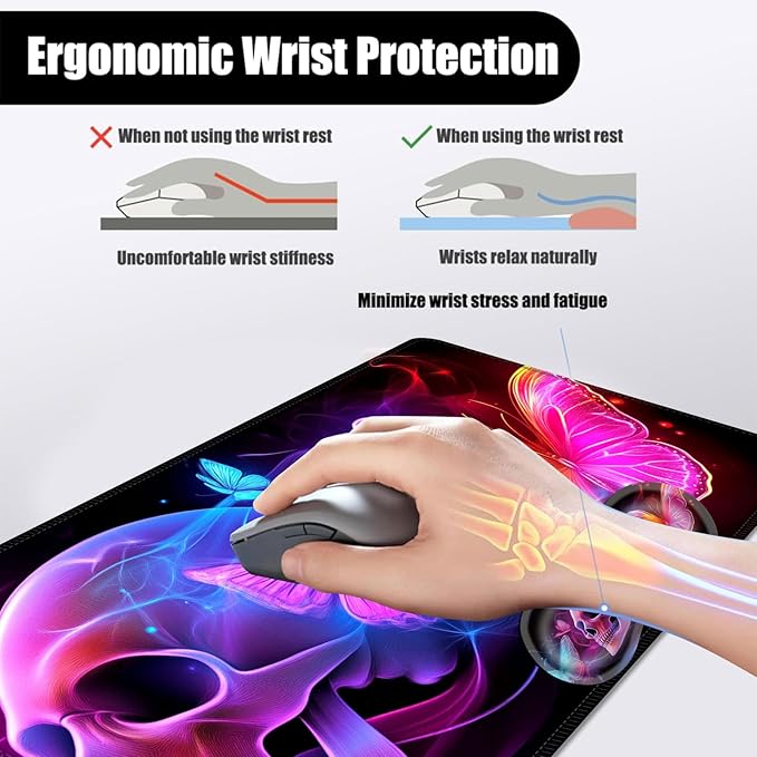 Mouse PadLarge Desk Mat Set 4in1 XL Mousepad + Keyboard Wrist Rest+Mouse Wrist Rest+Coaster with Ergonomic Desk Pad for Home Office Table Computer Cover -Neon Skull with Butterflies