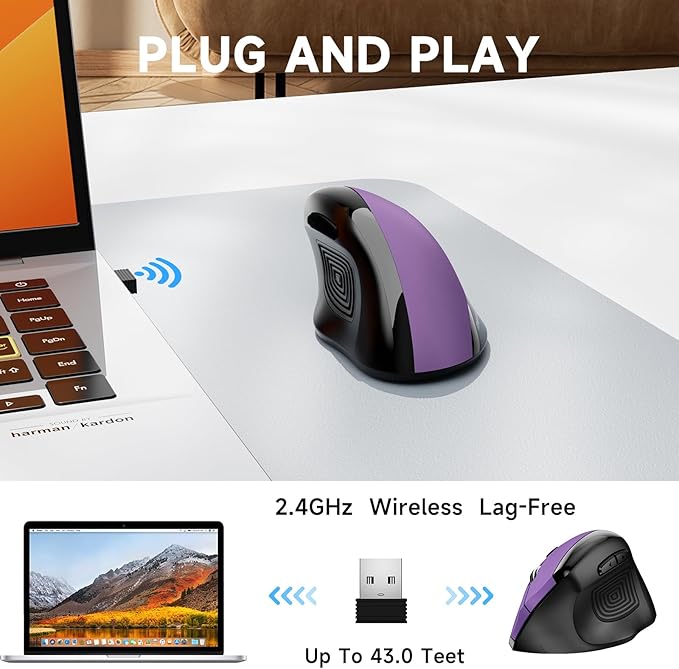 memzuoix Ergonomic Wireless Mouse 2.4G Optical Cordless 800/1200/1600 DPI Vertical Computer Mouse for Laptop Mac PC Desktop (Right Hand Large) - Purple