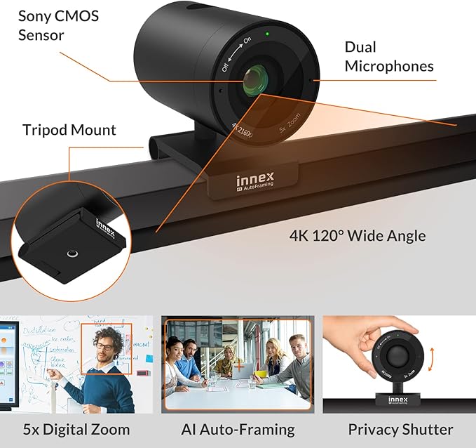 Innex C570 120-Degree Wide Angle Webcam 4K with AI Tracking Auto-Framing ePTZ Webcam with Microphone 5X Digital Zoom Remote Control Privacy Cover Conference Camera for Zoom Microsoft Teams