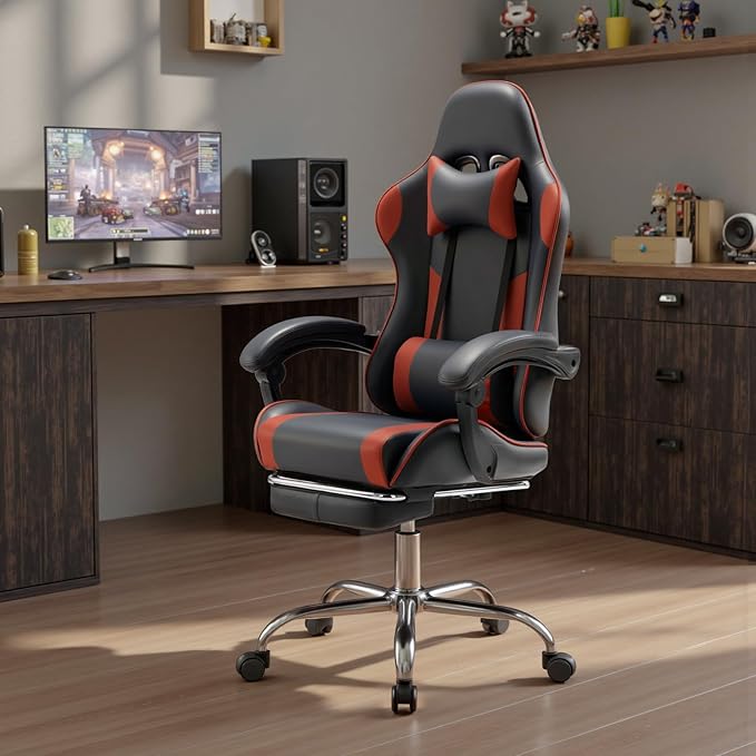 DUMOS Ergonomic Gaming Office Desk Chair with Footrest and Headrest for Adults PU Leather Video Computer Chair with Linkage Armrests Height Adjustable 360° Swivel Recling Chair Black Red