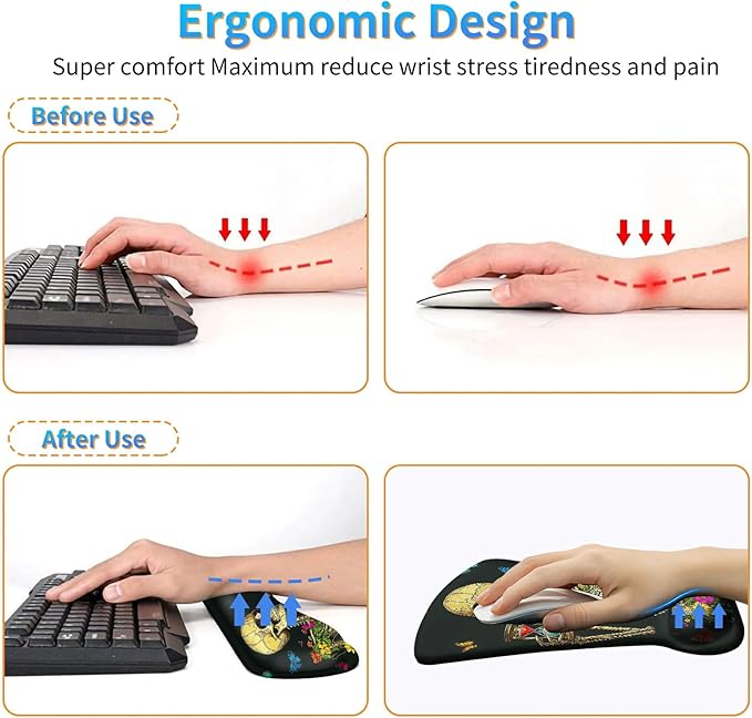 Ergonomic Mouse Pad with Wrist Support Gel Mousepads and Upgrade Keyboard Wrist Rest Pad Set Coasters Non-Slip PU Base Mouse Mat for Office Gaming Computer Laptop Flower Butterfly Skull