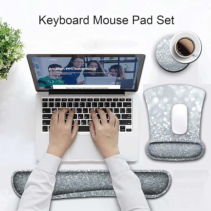 Mouse Pad Wrist Support and Memory Foam Keyboard Wrist Rest Set Ergonomic Gel Mouse Pad for Computer Laptop Desk Pad with Non Slip PU Base Silver Gilt Glitter Pattern Gaming