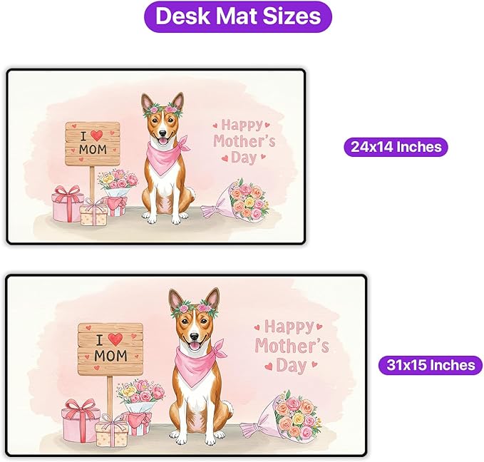 Happy Mother's Day Basenji Love Dog Mom Heart Flower Desk Mat Full Keyboard Mouse Pad African Barkless Dog Lover Large Mousepad 12004
