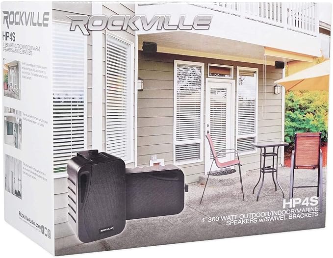 Rockville Pair HP4S BK 4 360W Outdoor/Indoor Speakers Swivel Wall Mount IPX44 Weather Resistant High-Fidelity Sound for Home Theater and Patio Use