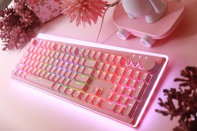 i-rocks K71M RGB Mechanical Gaming Keyboard with Media Control Knob Switches (Blue) 107 Keys w/Full NKRO PBT Keycaps Multimedia Hotkeys Detachable USB-C Cable and Onboard Storage Pink