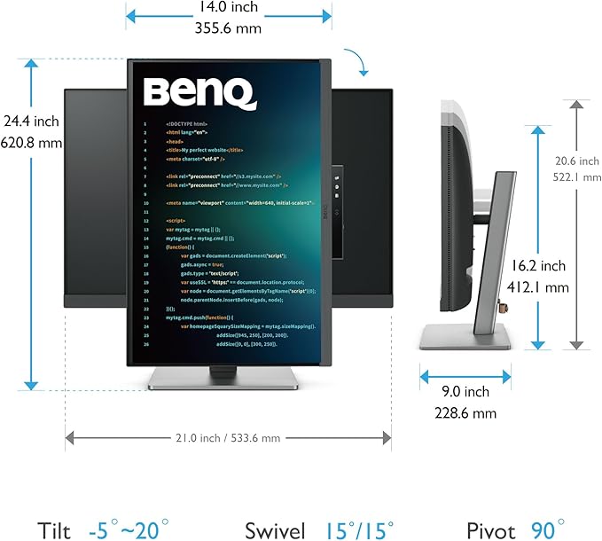 BenQ RD240Q 24.1” WQXGA Programming Monitor 90W USB Type-C Advanced Coding Modes Coding HotKey Ergonomic Design 16:10 Special Ratio Circadian Mode Eye-Care Technology Eco-Friendly Design