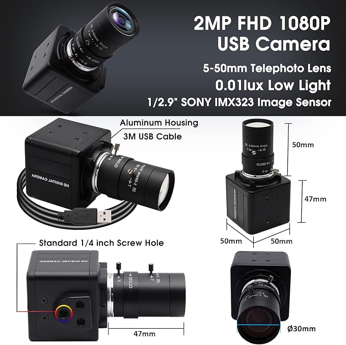 SVPRO 1080P Webcam with Zoom Lens 5-50mm 10X Optical ZoomManual FocusH.264 Low Light PC Camera with IMX323 Sensor USB Comptuer Camera for StreamingVideo ConferenceStudio Recording