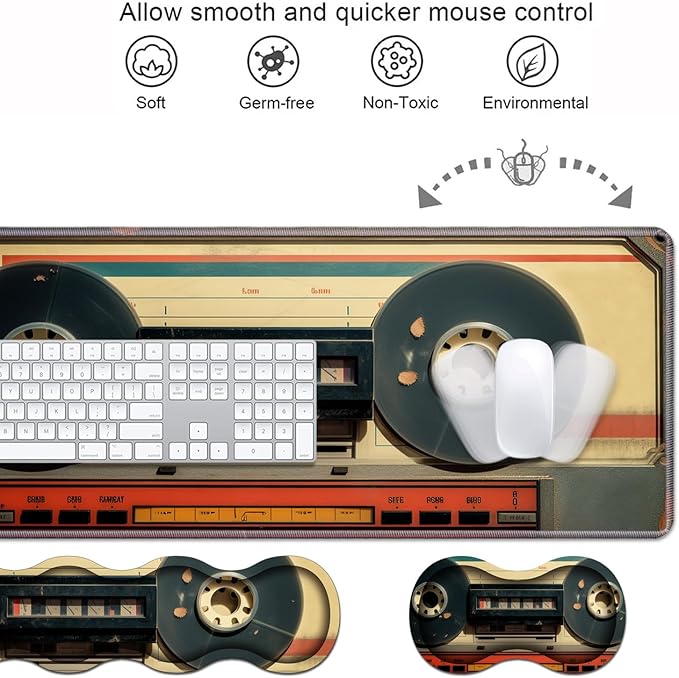 Ergonomic Keyboard Wrist Rest &amp Mouse Pad Wrist Rest Set Large XXL Gaming Desk Mat 31.5x 11.8 with Memory Foam Easy Typing Pain Relief for Office &amp Home Retro Tape Recorder